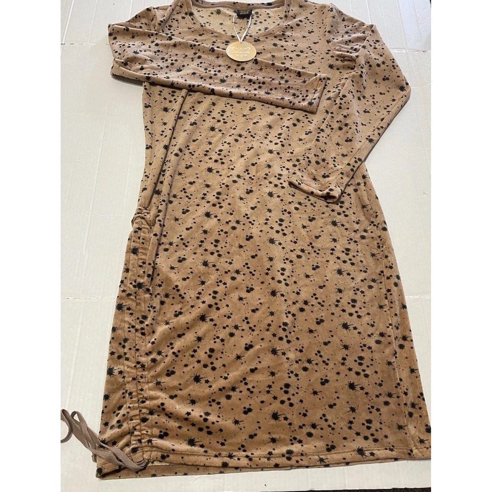 Laila Ali Velour Long Sleeve Midi Dress Tan Black Splatter Star Print Medium NWT
